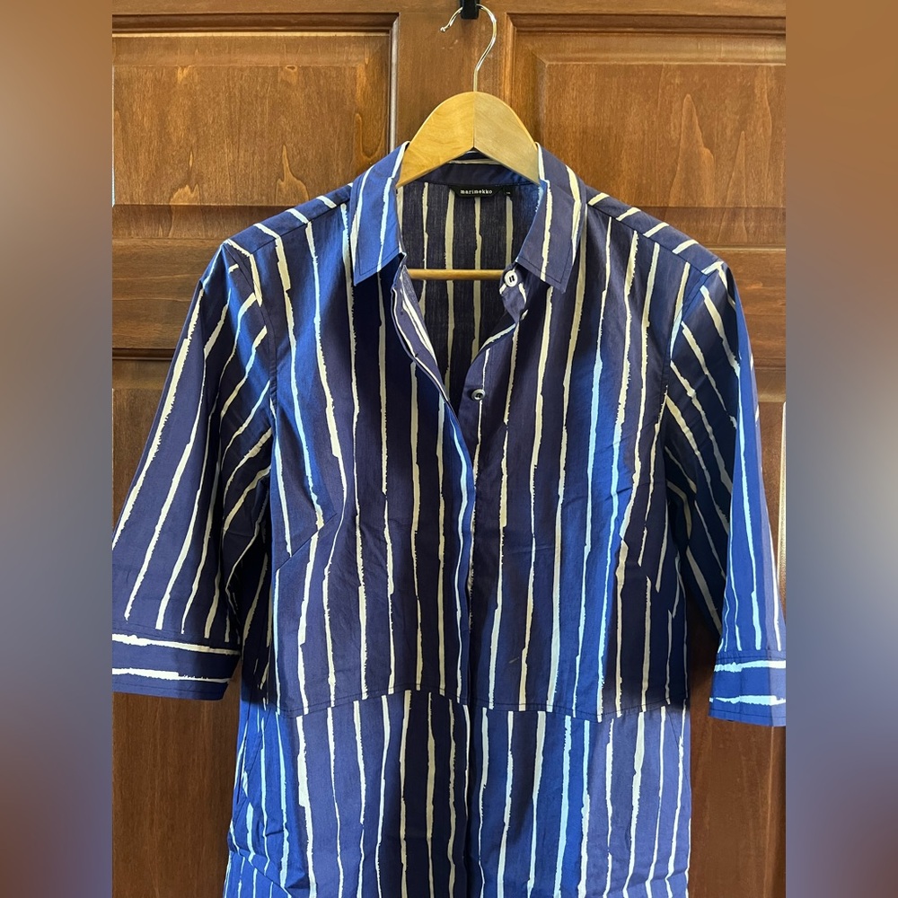Marimekko Shirt Dress Piccolo Stripes Blue and White Size 40 (Medium) - Picture 9 of 15
